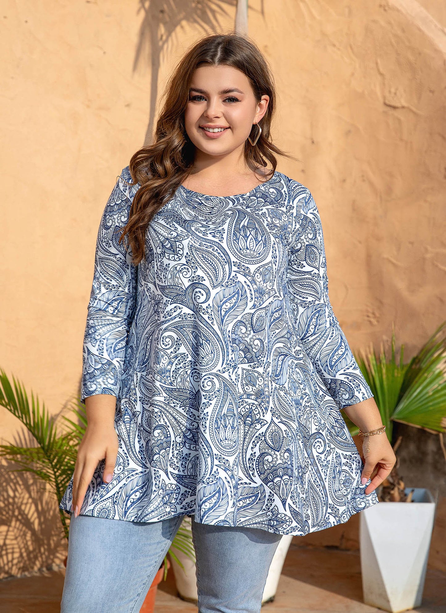 Womens Tops - Plus Size Tunics 3/4 Sleeve Loose Fit Dressy Casual Long Swing Flowy Lady Blouses Shirts Wear with Leggings Teals Blue Clothing  A3 SATPW