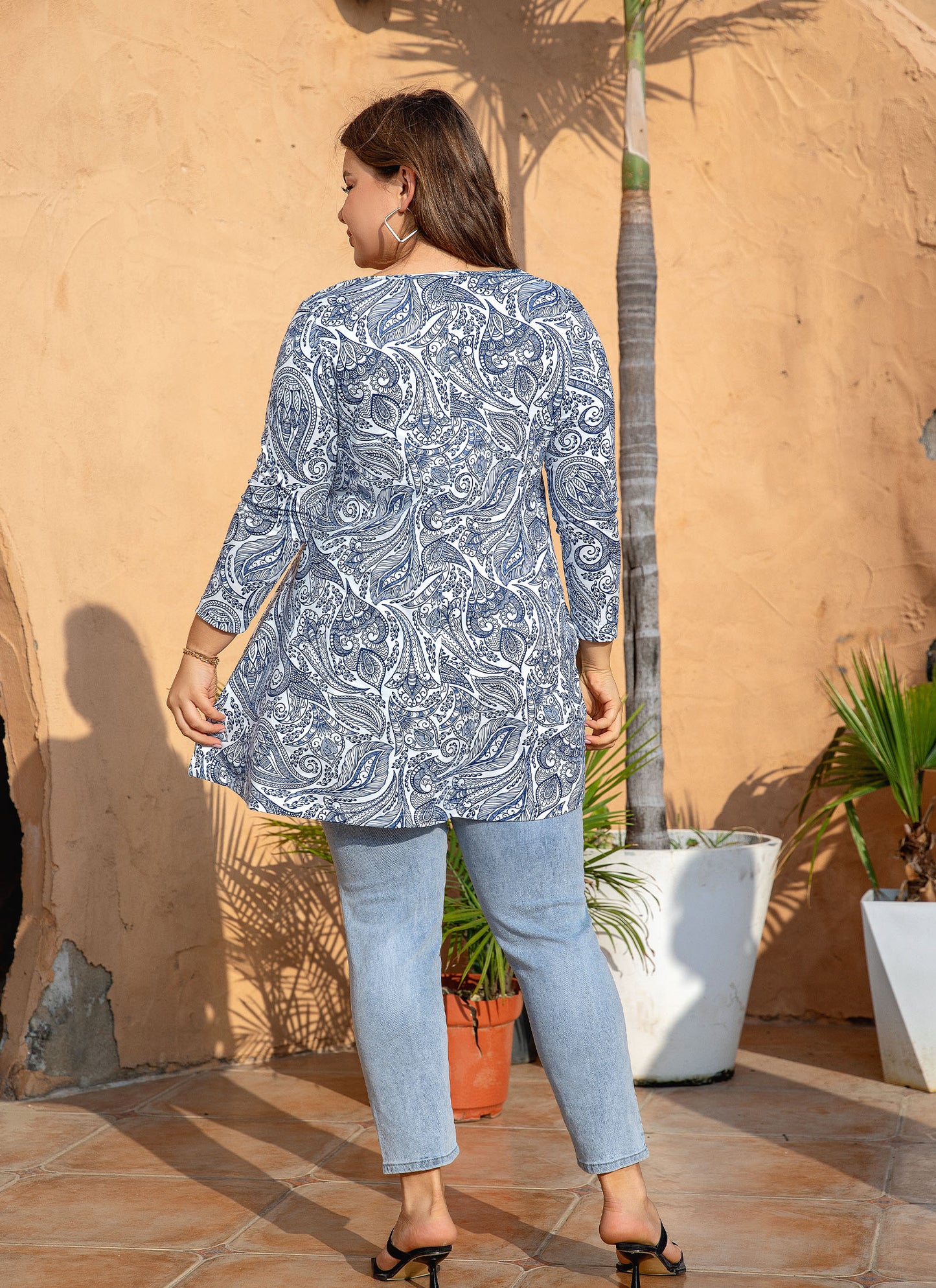 Womens Tops - Plus Size Tunics 3/4 Sleeve Loose Fit Dressy Casual Long Swing Flowy Lady Blouses Shirts Wear with Leggings Teals Blue Clothing  A3 SATPW