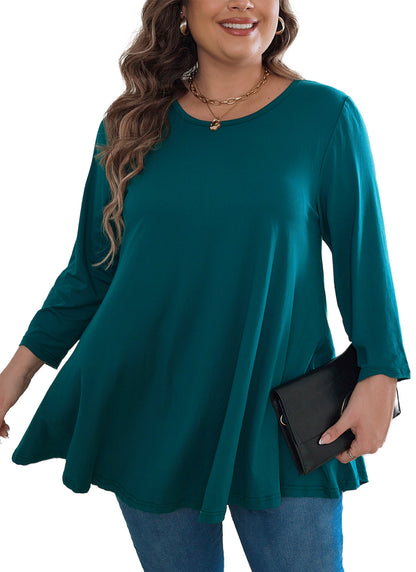 Womens Tops - Plus Size Tunics 3/4 Sleeve Loose Fit Dressy Casual Long Swing Flowy Lady Blouses Shirts Wear with Leggings Teals Blue Clothing A19 SATT