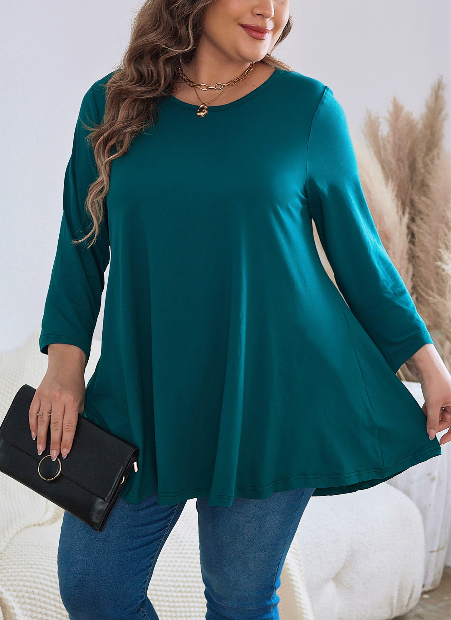 Womens Tops - Plus Size Tunics 3/4 Sleeve Loose Fit Dressy Casual Long Swing Flowy Lady Blouses Shirts Wear with Leggings Teals Blue Clothing A19 SATT