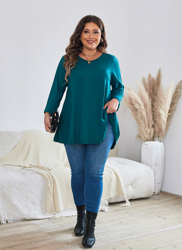 Women's Plus Size Teal Tunic Top | 3/4 Sleeve A-Line Swing Blouse, Flowy Fit, Wear with Leggings – XL to 5XL A19