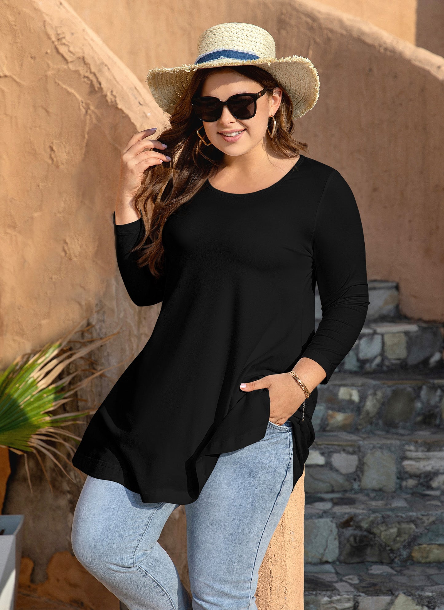 Womens Tops - Plus Size Tunics 3/4 Sleeve Loose Fit Dressy Casual Long Swing Flowy Lady Blouses Shirts Wear with Leggings Teals Blue Clothing A9 SATB