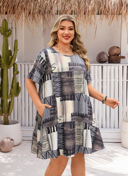 Women's Plus Size Plaid Dress – Short Sleeve with Pockets H12
