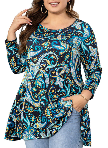 Womens Tops - Plus Size Tunics 3/4 Sleeve Loose Fit Dressy Casual Long Swing Flowy Lady Blouses Shirts Wear with Leggings Teals Blue Clothing A4 SATPB