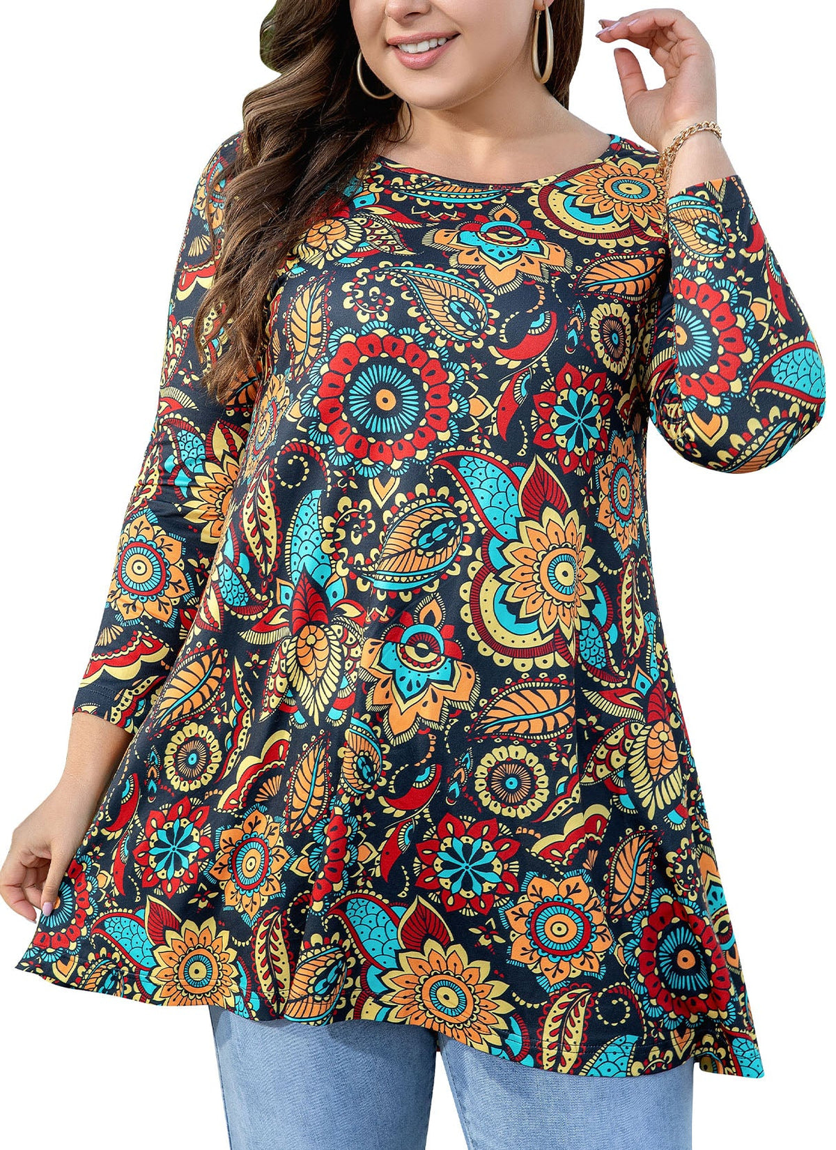 Women's Plus Size Floral Print Tunic Top | 3/4 Sleeve Swing Blouse, Boho Loose Fit, Wear with Leggings – Orange Floral, L to 6XL A2 SATOF