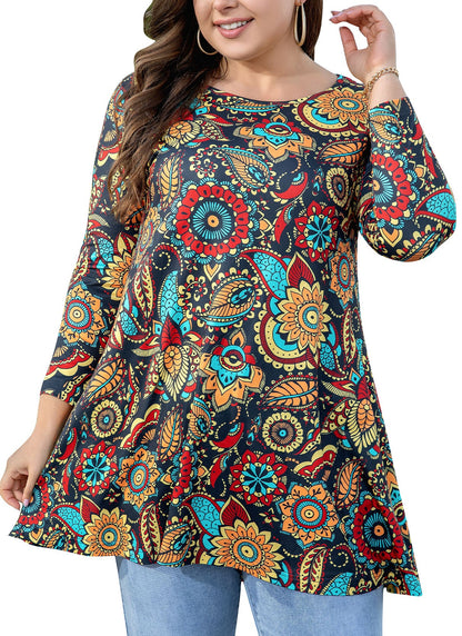 Women's Plus Size Floral Print Tunic Top | 3/4 Sleeve Swing Blouse, Boho Loose Fit, Wear with Leggings – Orange Floral, L to 6XL A2 SATOF