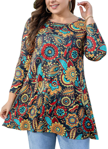 Women's Plus Size Floral Print Tunic Top | 3/4 Sleeve Swing Blouse, Boho Loose Fit, Wear with Leggings – Orange Floral, L to 6XL A2 SATOF