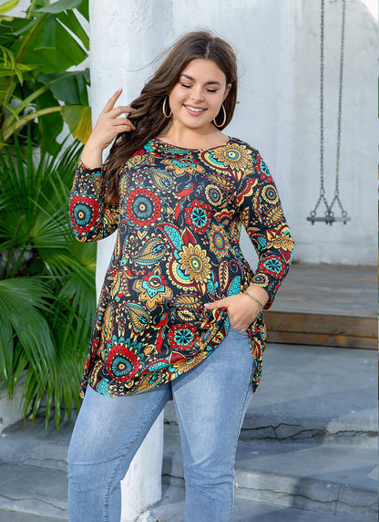 Women's Plus Size Floral Print Tunic Top | 3/4 Sleeve Swing Blouse, Boho Loose Fit, Wear with Leggings – Orange Floral, L to 6XL A2 SATOF