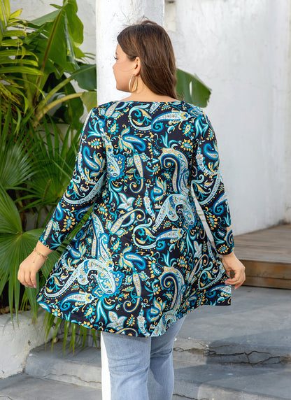 Womens Tops - Plus Size Tunics 3/4 Sleeve Loose Fit Dressy Casual Long Swing Flowy Lady Blouses Shirts Wear with Leggings Teals Blue Clothing A4 SATPB