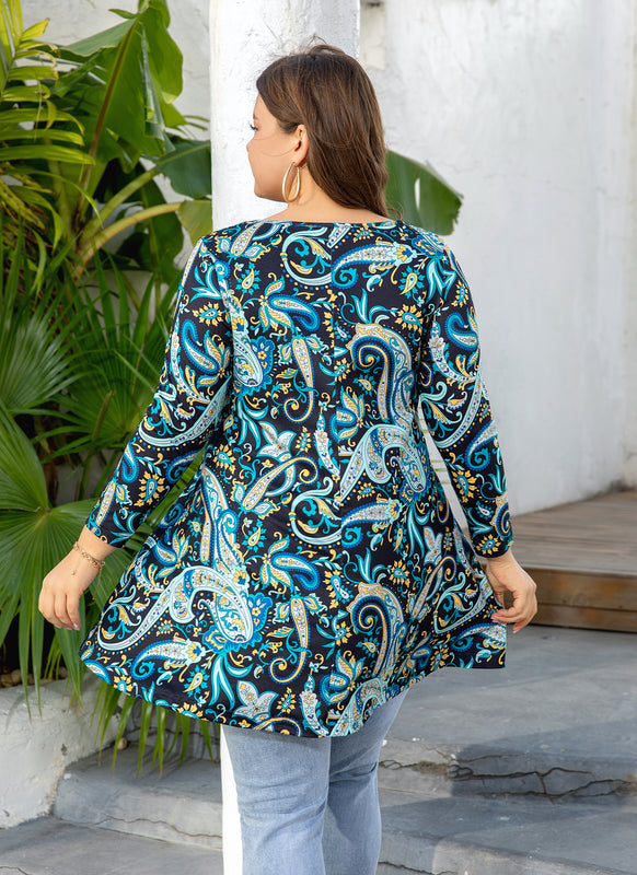Women's Plus Size Paisley Print Tunic Top | 3/4 Sleeve Swing Blouse with Pockets, Flowy Fit, Wear with Leggings – Teal Paisley, S to 6XL A4 SATPB
