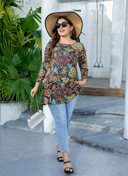 Women's Plus Size Floral Print Tunic Top | 3/4 Sleeve Swing Blouse, Boho Loose Fit, Wear with Leggings – Orange Floral, L to 6XL A2 SATOF