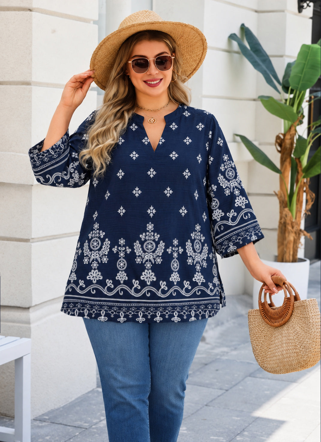 Plus Size Navy & White Border Print Tunic Top L11