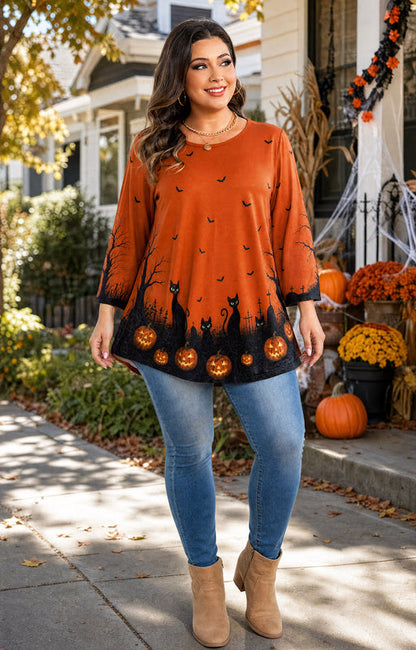 Women's Orange & Black Swing Tunic Top – 3/4 Sleeve, Plus Size D33