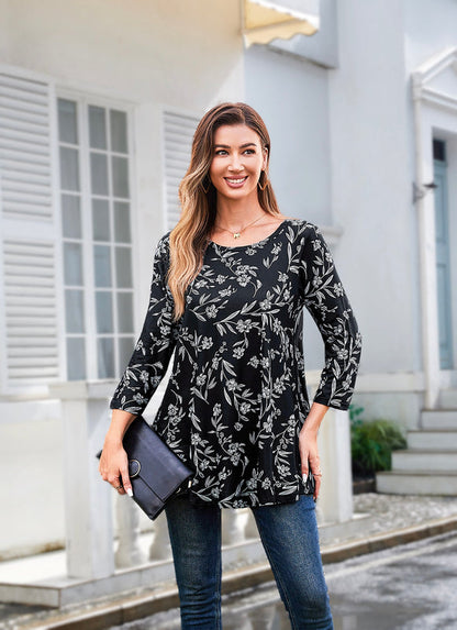Women's Plus Size Black Floral Tunic Top | 3/4 Sleeve Swing Flare Blouse with Pockets