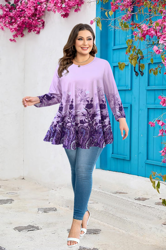 Plus Size Lavender Floral Long Sleeve Swing Tunic
