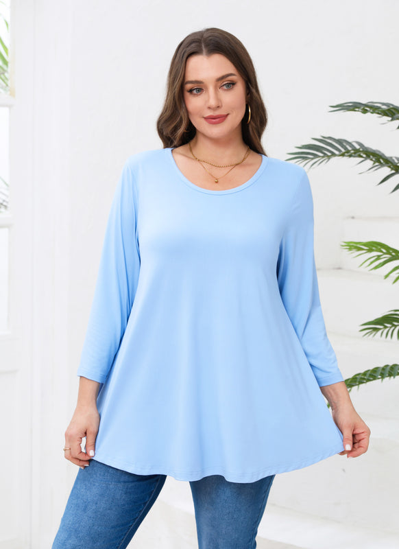Women's Plus Size Tunic Top | 3/4 Sleeve Light Blue Swing Flare Blouse for Leggings A37