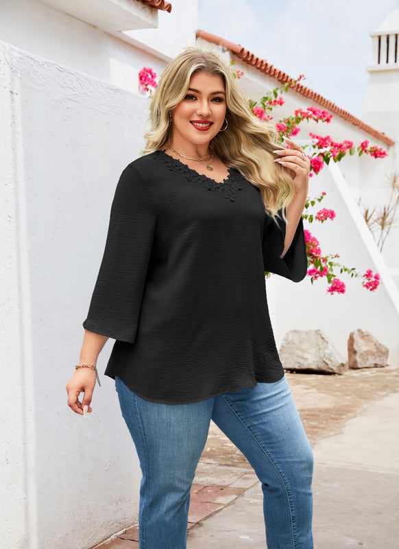 Women's Plus Size Floral Trim Tunic Top | 3/4 Sleeve V-Neck Blouse – Black J1