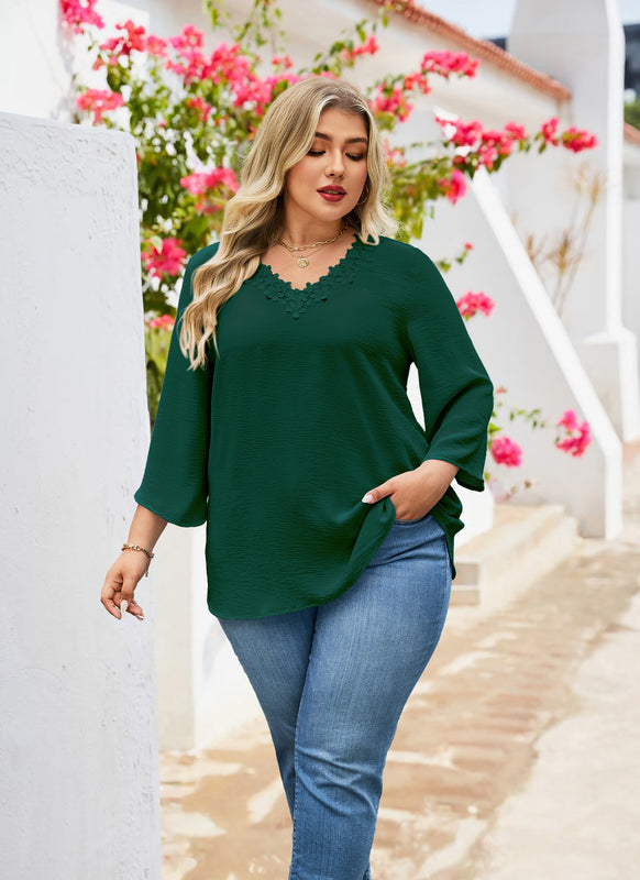 Women's Plus Size Floral Trim Tunic Top | 3/4 Sleeve V-Neck Blouse – Green J3