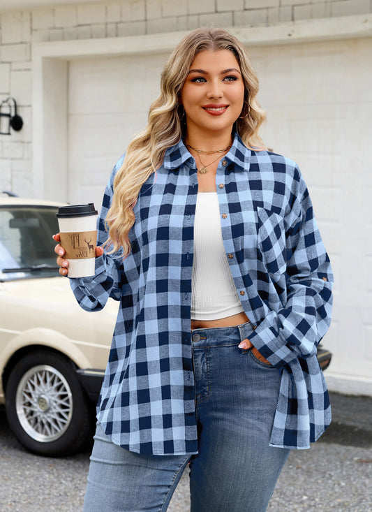 Plus Size Light Blue Buffalo Plaid Button-Up Shirt  F22