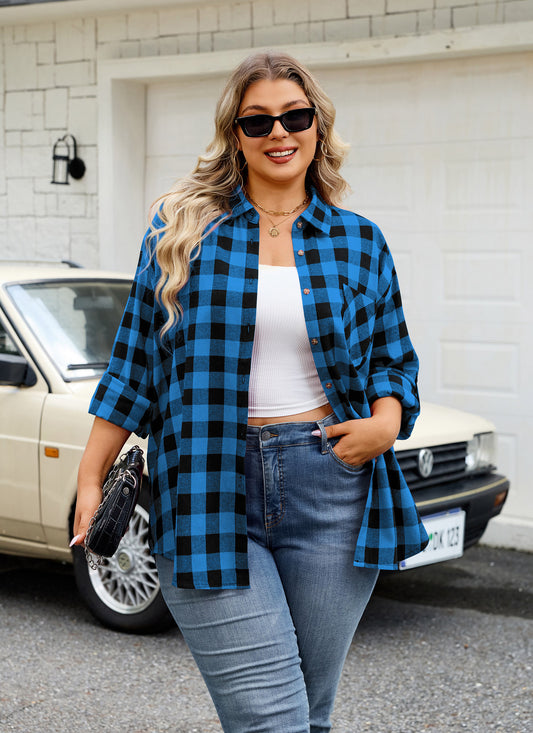 Womens Plus Size Flannel Shirts Long Sleeve Button Down Plaid Shirt Roll Up Oversize Checkered Blouse Top Fall II