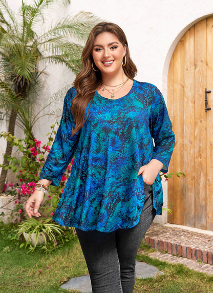 Women's Plus Size Teal & Blue Leaf Print Tunic Top – 3/4 Sleeve Swing Flare Blouse d11