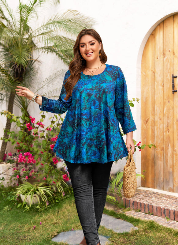 Women's Plus Size Teal & Blue Leaf Print Tunic Top – 3/4 Sleeve Swing Flare Blouse d11