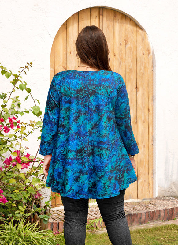 Women's Plus Size Teal & Blue Leaf Print Tunic Top – 3/4 Sleeve Swing Flare Blouse d11