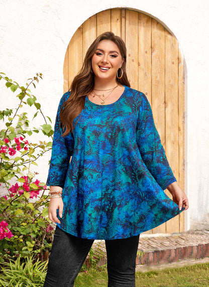 Women's Plus Size Teal & Blue Leaf Print Tunic Top – 3/4 Sleeve Swing Flare Blouse d11