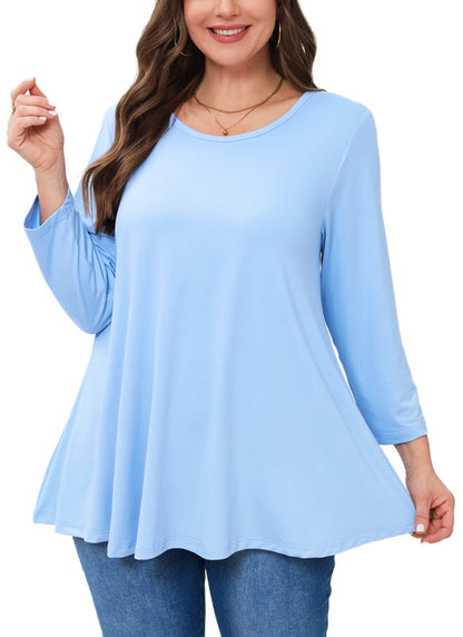 Women's Plus Size Tunic Top | 3/4 Sleeve Light Blue Swing Flare Blouse for Leggings A37