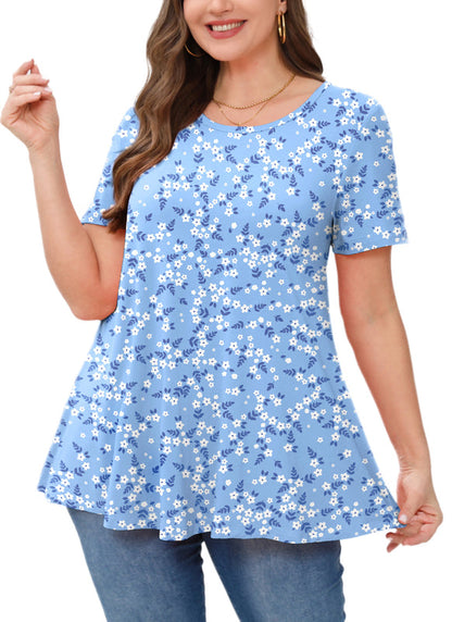 Light Blue Ditsy Floral Print Tunic Top – Women's Plus Size Short Sleeve Swing Blouse to Wear with Leggings b23