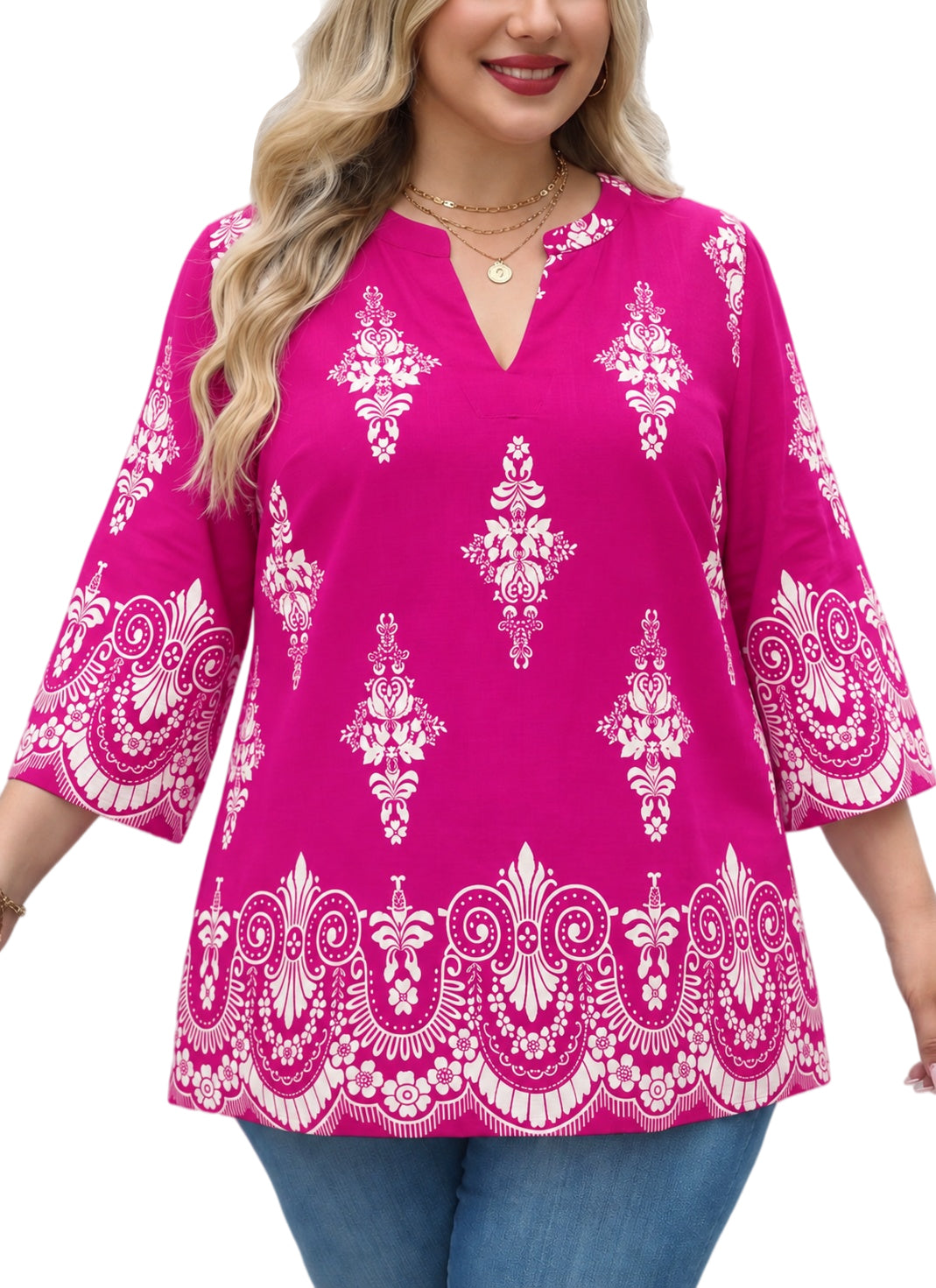 Plus Size Fuchsia Border Print Split-Neck Tunic