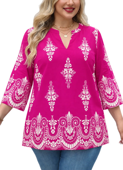 Plus Size Fuchsia Border Print Split-Neck Tunic