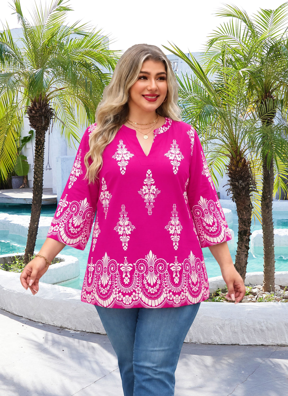 Plus Size Fuchsia Border Print Split-Neck Tunic