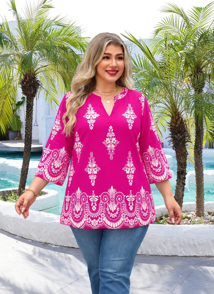 Plus Size Fuchsia Border Print Split-Neck Tunic