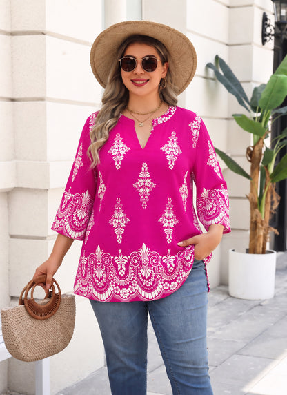 Plus Size Fuchsia Border Print Split-Neck Tunic