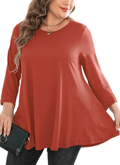 Womens Tunic Tops 3/4 Sleeve Plus Size Crew Neck Swing Flare Loose Fit T-Shirt Blouses to Wear with Leggings III