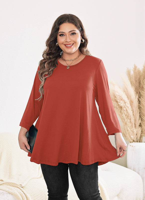 Women's Plus Size Tunic Top | 3/4 Sleeve Swing Blouse, Flowy Loose Fit, Wear with Leggings – Burnt Orange, L to 6XL A21 SATBO3