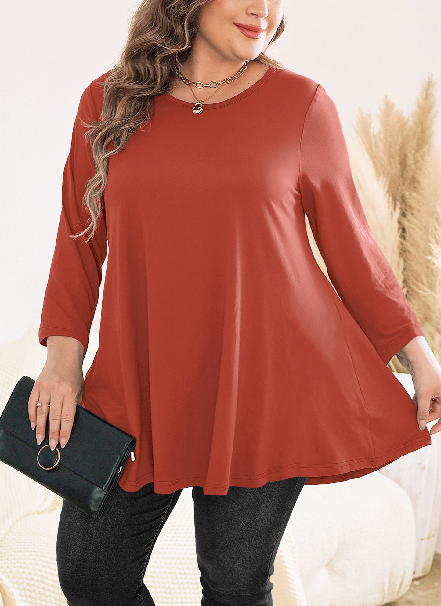 Womens Tunic Tops 3/4 Sleeve Plus Size Crew Neck Swing Flare Loose Fit T-Shirt Blouses to Wear with Leggings III