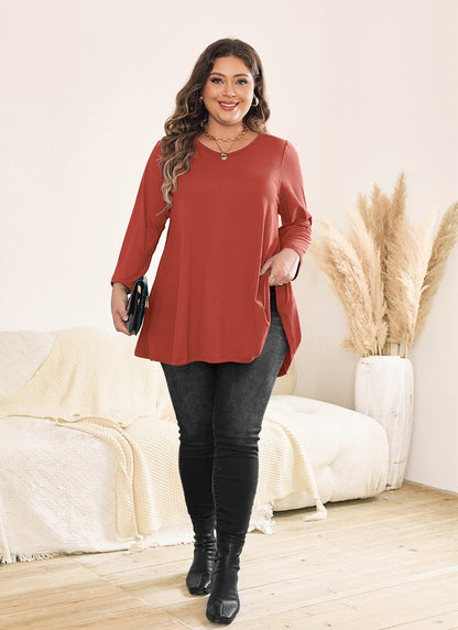 Womens Tunic Tops 3/4 Sleeve Plus Size Crew Neck Swing Flare Loose Fit T-Shirt Blouses to Wear with Leggings III
