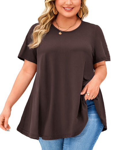 Dark Brown Short Sleeve Swing Tunic Top – Women's Plus Size Crew Neck Flowy Blouse to Wear with Leggings (S–7XL) b14