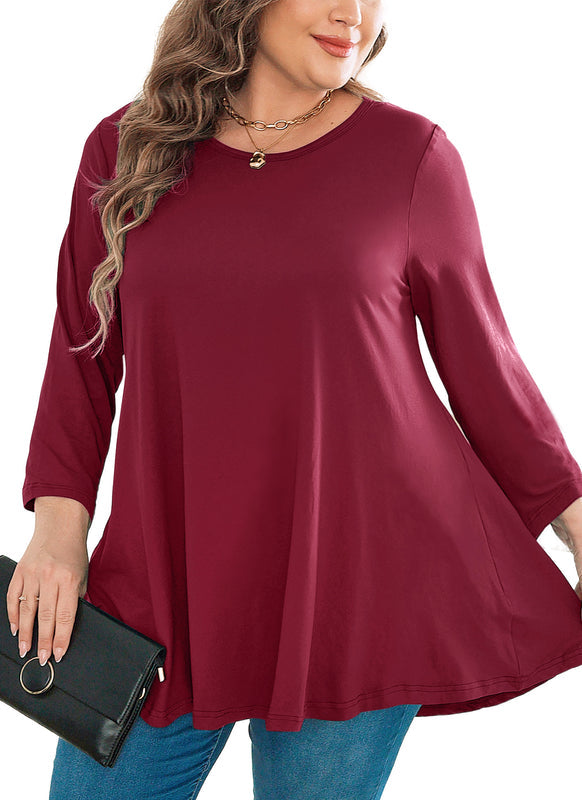 Women's Plus Size Burgundy Tunic Top | Long Sleeve Swing Blouse, Hi-Low Hem, Flowy Fit, Wear with Leggings – L to 6XL A18