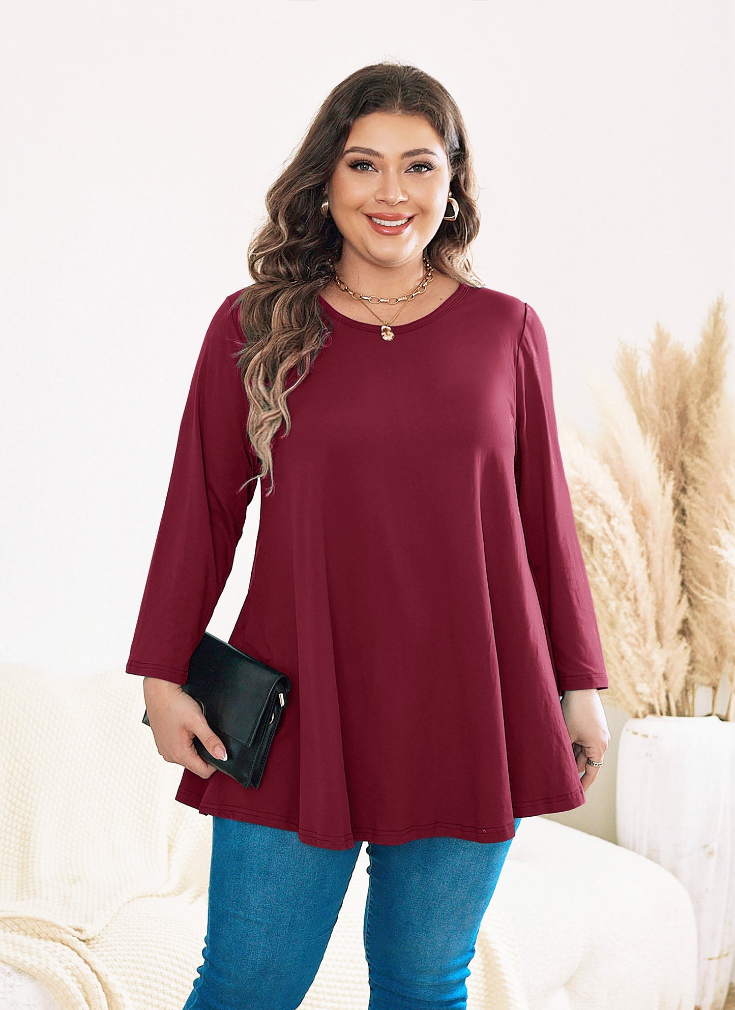 Womens Tops - Plus Size Tunics 3/4 Sleeve Loose Fit Dressy Casual Long Swing Flowy Lady Blouses Shirts Wear with Leggings Teals Blue Clothing A18 SATBR