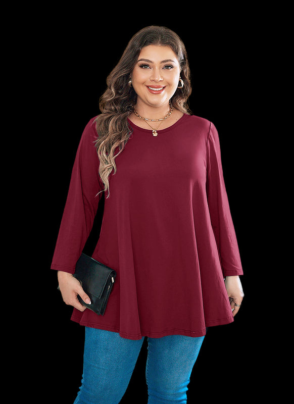 Women's Plus Size Burgundy Tunic Top | Long Sleeve Swing Blouse, Hi-Low Hem, Flowy Fit, Wear with Leggings – L to 6XL A18
