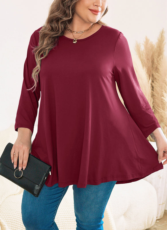 Women's Plus Size Burgundy Tunic Top | Long Sleeve Swing Blouse, Hi-Low Hem, Flowy Fit, Wear with Leggings – L to 6XL A18