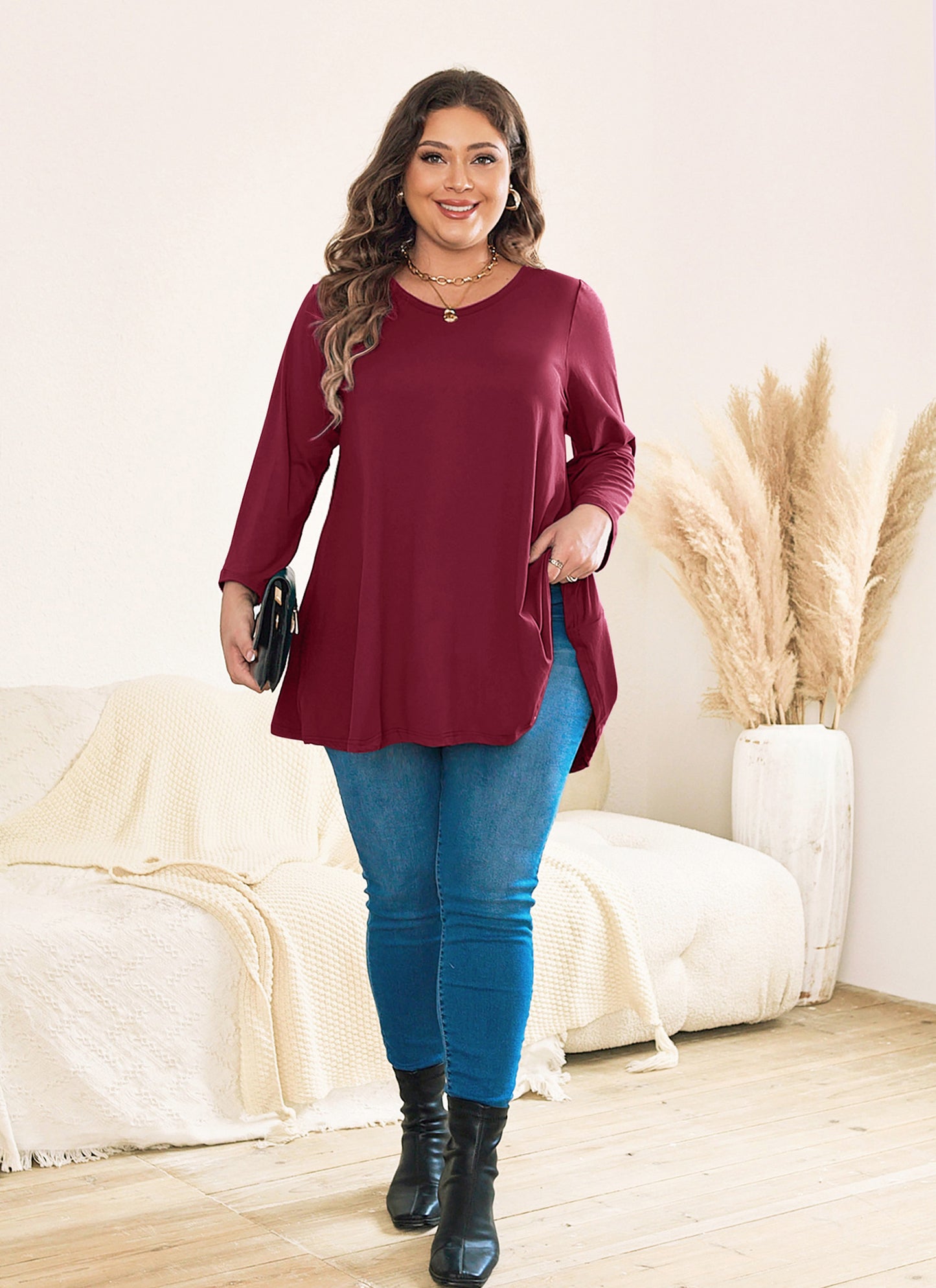 Womens Tops - Plus Size Tunics 3/4 Sleeve Loose Fit Dressy Casual Long Swing Flowy Lady Blouses Shirts Wear with Leggings Teals Blue Clothing A18 SATBR