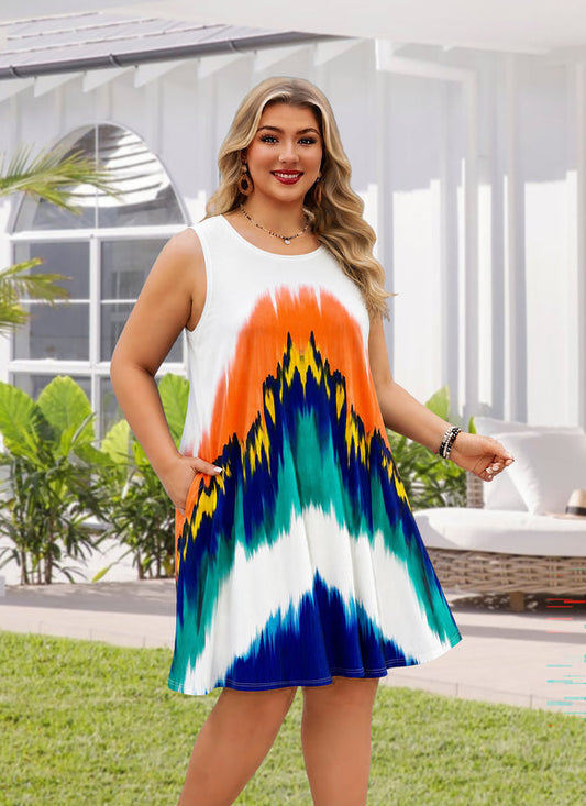 Women's White Orange Teal Colorblock Sleeveless Tank Dress with Pockets – Plus Size Casual Loose Fit N6