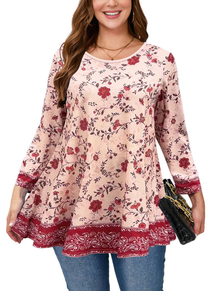 Women's Plus Size Red & Pink Floral Tunic Top – 3/4 Sleeve Swing Flare Blouse d16