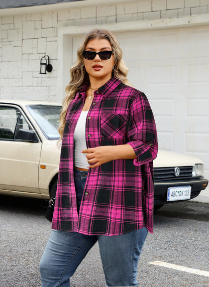Plus Size Fuchsia Plaid Button-Up Shirt G21