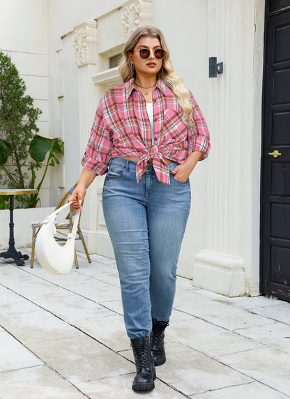 Plus Size Pink Plaid Button-Up Shirt. F21