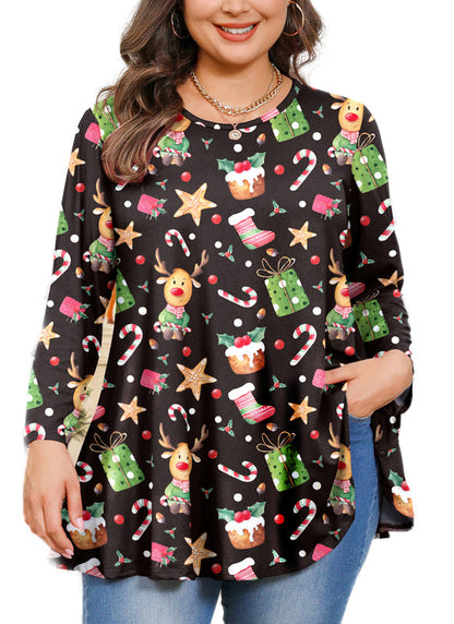 Christmas Reindeer & Holiday Print Tunic Top – Women's Plus Size Long Sleeve Swing Blouse  in Black (S–7XL) A26